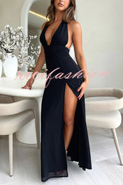 Sexy V-neck Backless Waist Tie High Slit Maxi Dress