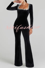 Classic Charm Velvet Jewel Embellished Trim Long Sleeve Flare Jumpsuit