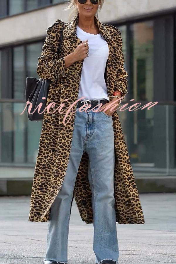 Be Free Velvet Leopard Print Long Sleeve Loose Midi Trench Coat