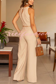 Solid Color Slim Fit Sleeveless Crew Neck Top and High Waist Pocket Wide Leg Pants Set