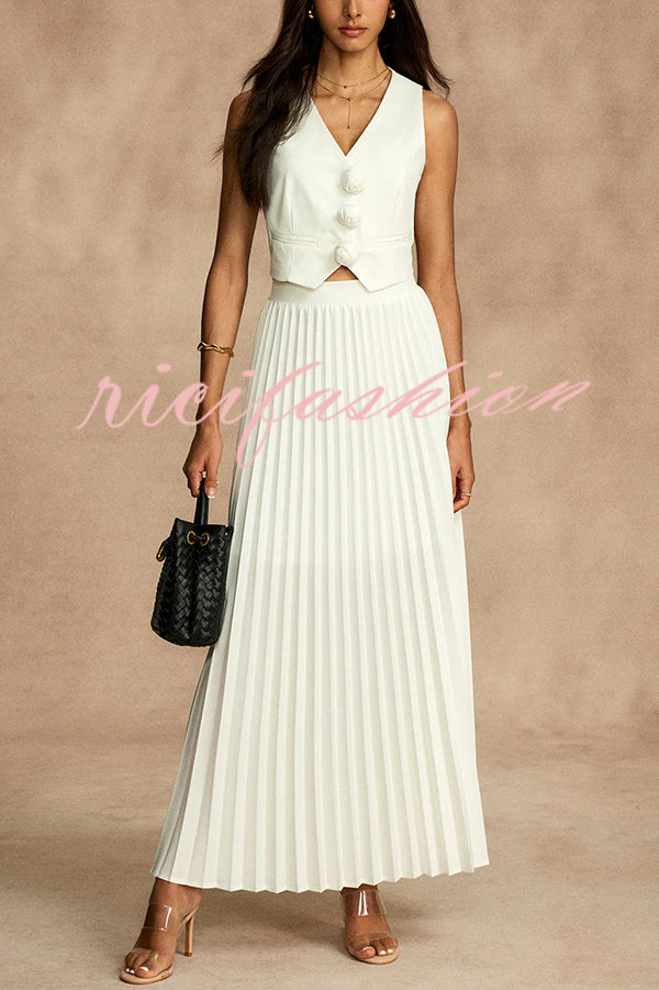 Stylish Rosette Sleeveless Tank Top and Pleated Maxi Skirt Set