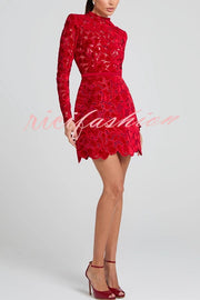 Lydia Embroidered Floral Lace Long Sleeve Belt Tulip Shaped Mini Dress