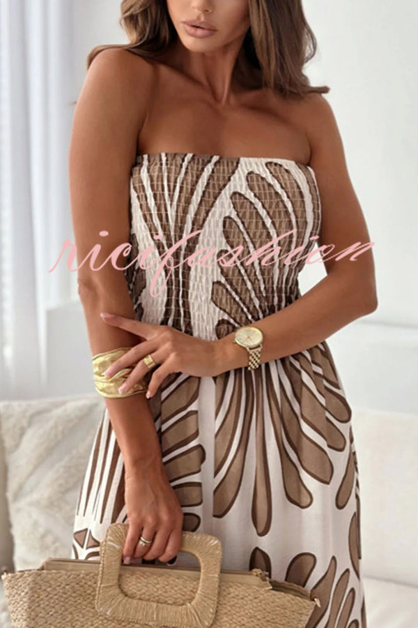 Unique Printed Off-shoulder Pleated Casual Wide-leg Jumpsuit