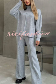 Solid Color Casual Knitted High Neck Long Sleeve Top and Elastic Waist Loose Pants Set