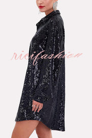 Solid Color Sequined Long-sleeved Casual Mid-length Loose Shirt