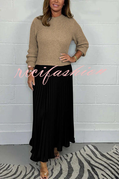 Stylish Knitted Round Neck Long Sleeve Patchwork Pleated Hem Maxi Dress