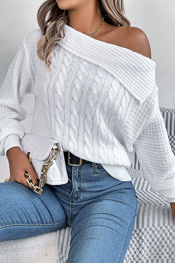 Solid Color Casual One Shoulder Long Sleeve Knitted Sweater