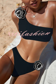 Solid Color Three-dimensional Flower Fashion One Shoulder Stretch Bikini Swimsuit