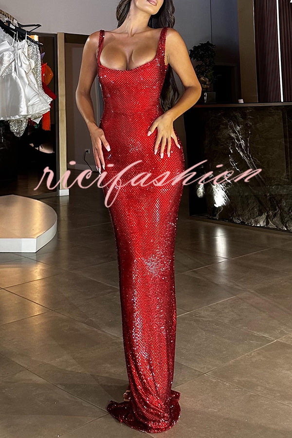 Passionate Woman Glitter Fabric Square Neck Back Lace-up Maxi Dress