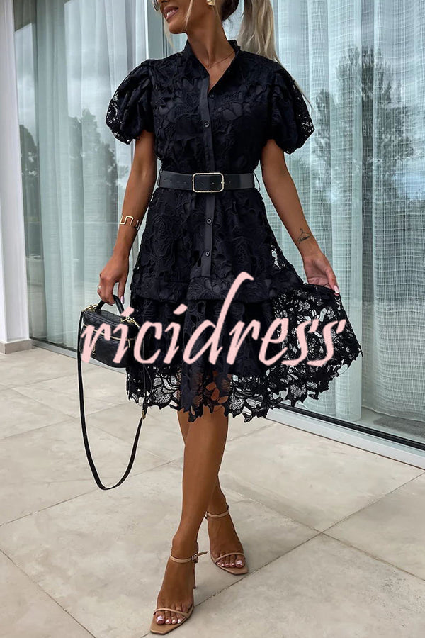 Absolutely Elegant Floral Crochet Lace Puff Sleeve Belted Shirt Midi Dress