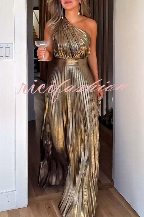 Be My Guest Metallic Fabric Pleated One Shoulder Maxi Dress