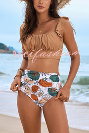 Botanical Print Ruffled Two-piece Stretch Bikini Swimsuit