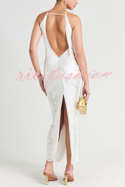 Sexy Allnight Metallic Halterneck Backless Fringed Slit Maxi Dress