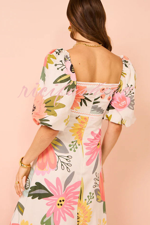 Looking for Sunshine Floral Print Square Neck Bubble Sleeve Maxi Dress