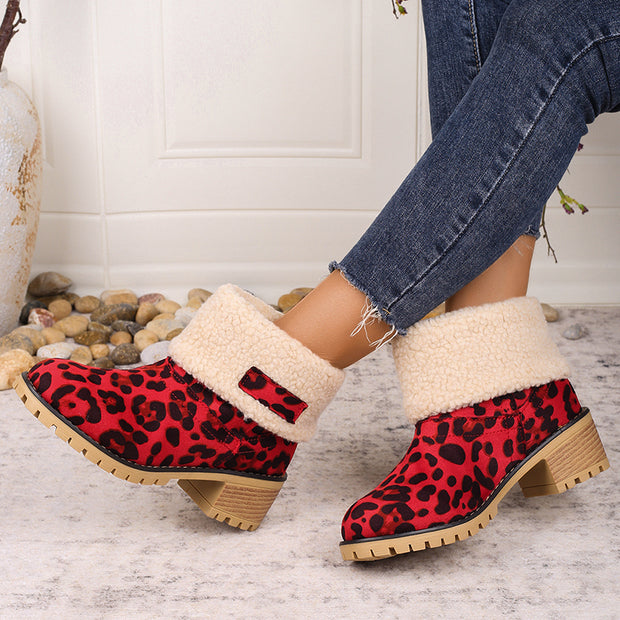 Leopard Print Thick Heel Warm Mid-calf Snow Shoes