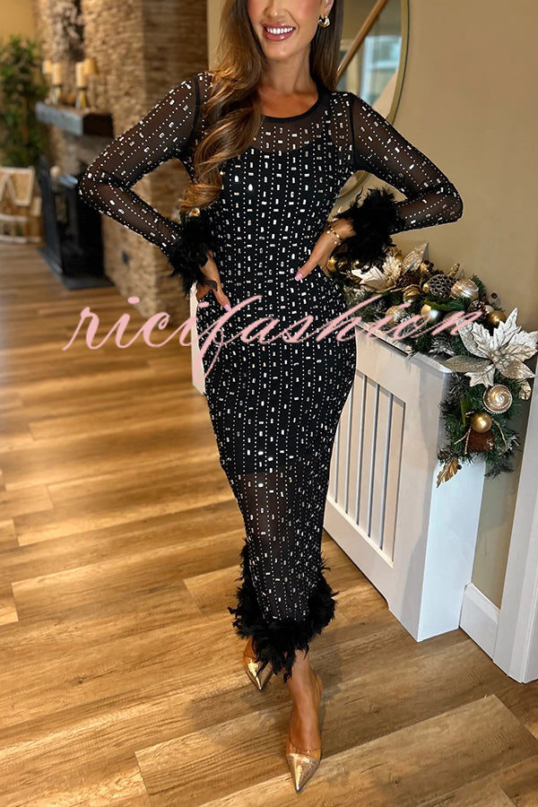 Sexy Long Sleeve Round Neck Feather Edge Rhinestone Decoration Slim Fit Maxi Dress