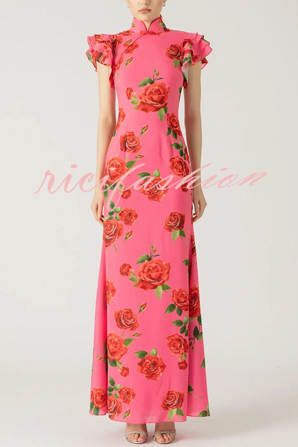 Cheongsam Style Rose Floral Print Tiered Flare Sleeve Stretch Maxi Dress