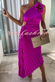 Romantic Nights Satin Raised Flower Elastic Cutout One Shoulder Pleated Maxi Dress