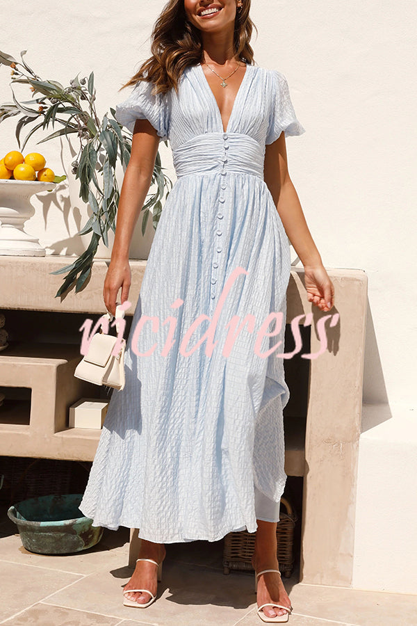 Rustic V Neck Button Zip Pleated Slit Puff Sleeve Maxi Dress