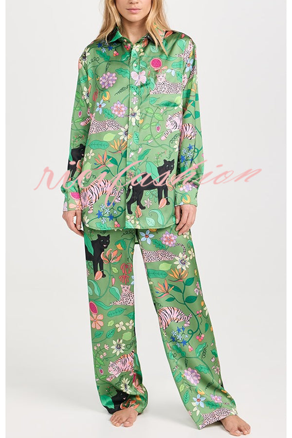 Quiet Jungle Satin Unique Print Long Sleeve Shirt and Elastic Waist Pocket Lounge Pants Set