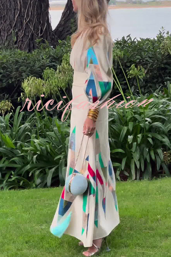 Highest Elegance Colorful Triangle Print Padded Shoulder Blouse and High Rise Maxi Skirt Set