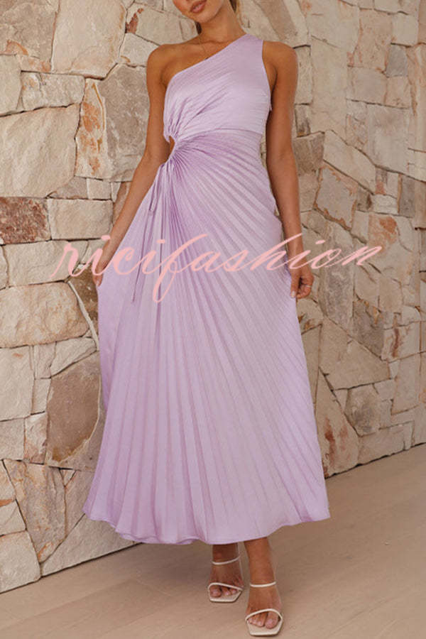 Charming One Shoulder Lace Up Cutout Pleated Maxi Dress