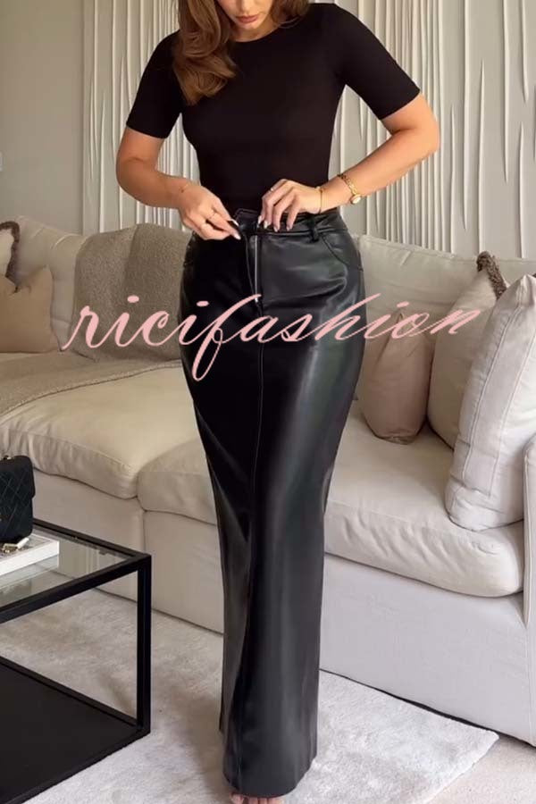 Classic Feel Faux Leather Mid Rise Pocket Slit Stretch Maix Skirt