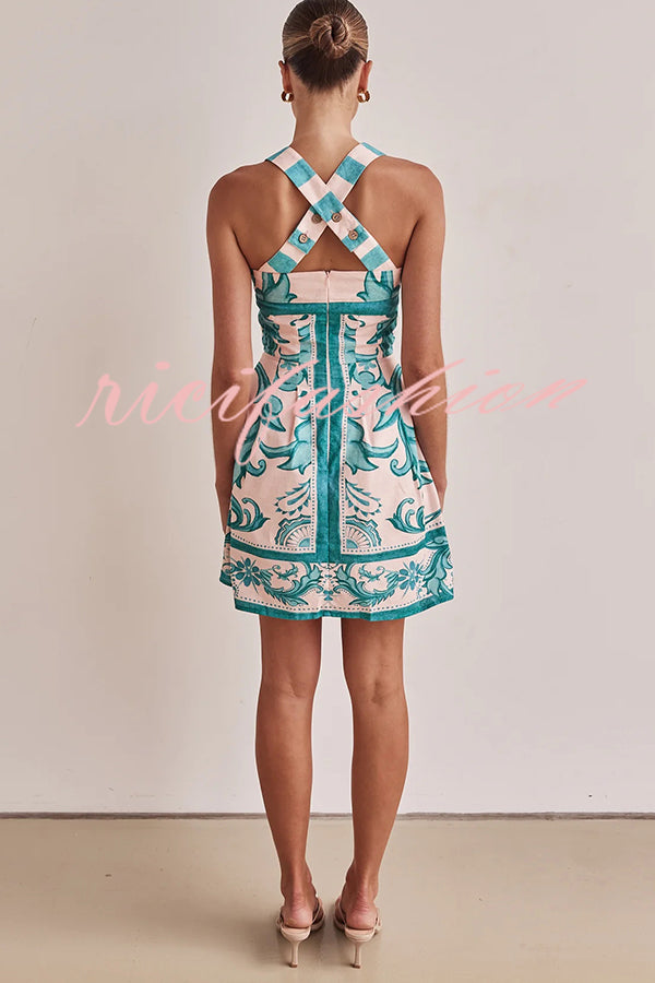 Channeling Summer Linen Blend Unique Print Wide Strap Pocketed Mini Dress