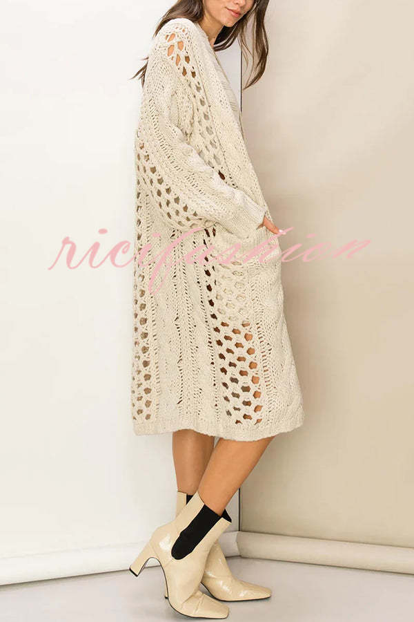 Jamila Knit Cable Cotout Long Sleeve Pocket Oversized Midi Cardigan