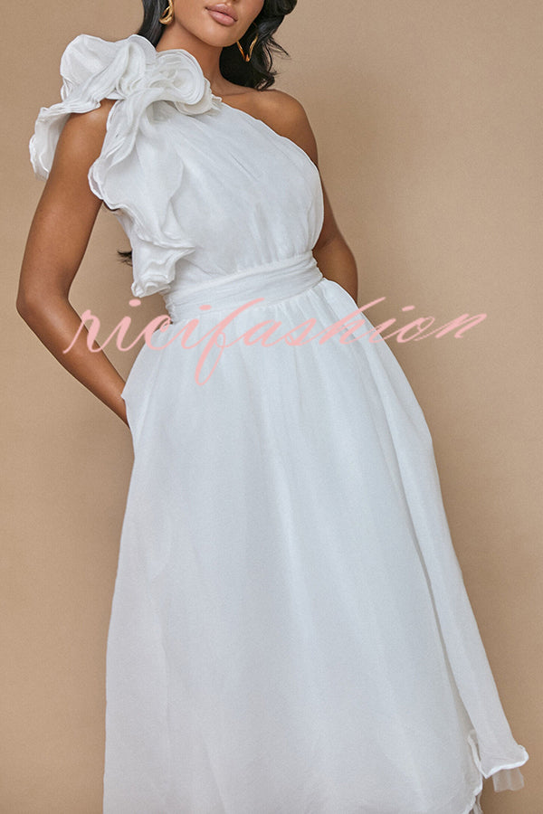 Romantic Seaside One Shoulder Frill Detail Sleeve Layered Midi Dress