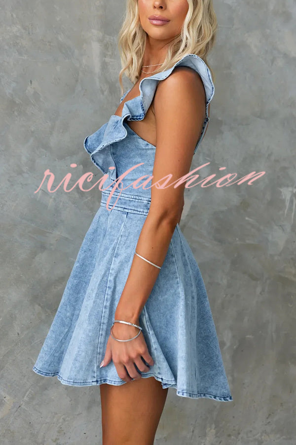 Sweet Secret Denim Square Neck Ruffle Sleeve Stretch Mini Dress