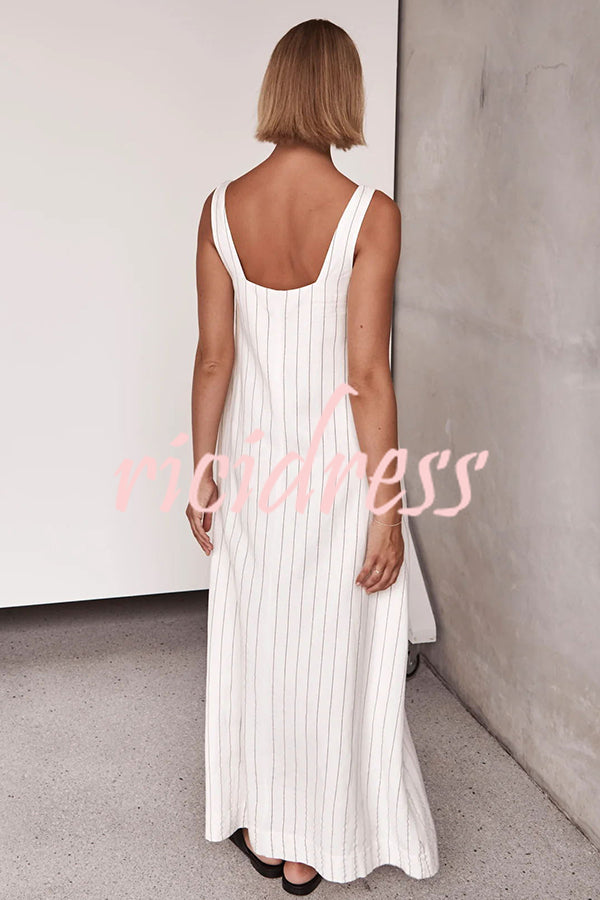 Simple and Stunning Linen Blend Pinstripe Detail Square Neck A-line Maxi Dress