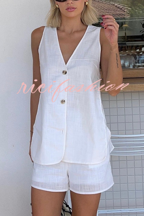 Edna Linen Blend Slit Button Down Loose Vest and Elastic Waist Pocket Shorts Set