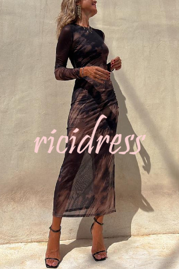 Charm Lady Mesh Overlay Tie Dye Print Long Sleeve Ruched Stretch Midi Dress