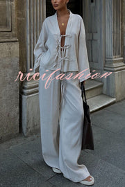 Stylish Loose Tie Shirt and Elastic Waist Wide-leg Pants Set