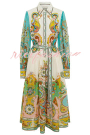 Hello Vacay Unique Print Balloon Sleeve Belt Shirt Midi Dress