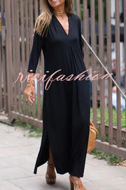 Solid Color V-neck Casual Slit Maxi Dress