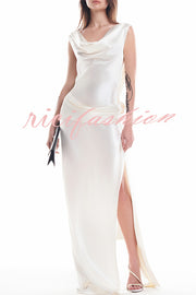 Darling Satin Cowl Neck 3D Rose Detail Backless Slit Drape Maxi Dress