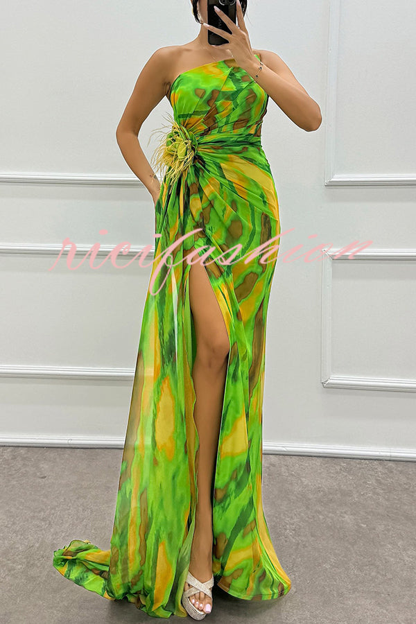 Amazing Views Watercolor Print Feather Rose Detail Off Shoulder Pleated Slit Maxi Dress