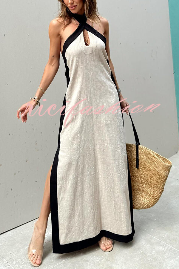 Island Bay Breeze Linen Blend Color Block Halter Neck Slit Maxi Dress