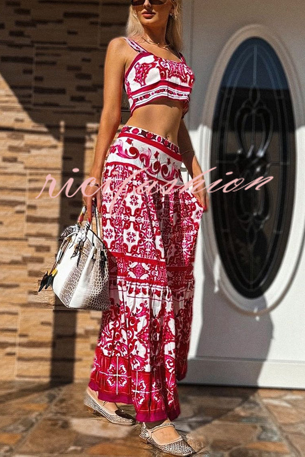 Unique Printed Sexy Sling Tank and Elastic Waist Large Hem Maxi Skirt Set