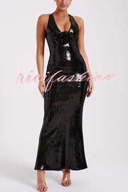 Sicilian Rose Sequin Three-dimensional Floral Sexy Backless Maxi Dress