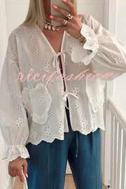 Floral Embroidered V-neck Lace-up Long-sleeved Loose Top