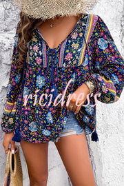 Intricate Floral Print V Neck Lace Up Paneled Long Sleeve Shirt