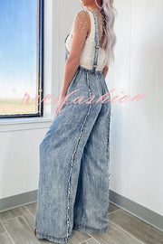 Vintage Washed Denim Raw Edge Elastic Waist Wide Leg Jumpsuit