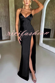 Satin Solid Color Sexy Backless Lace Up High Slit Maxi Dress