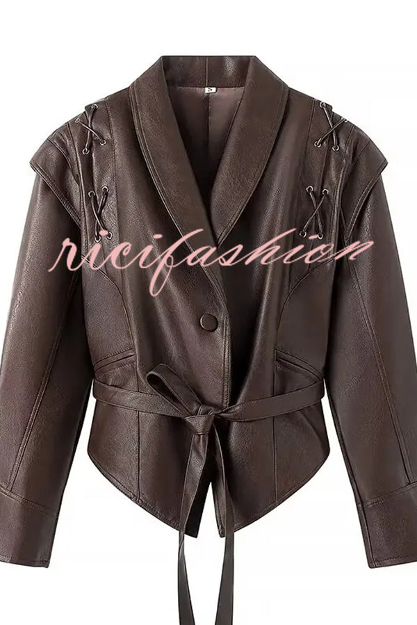 Street Warrior Faux Leather Distressed Style Lace-up Lapel Belt Oversized Jacket