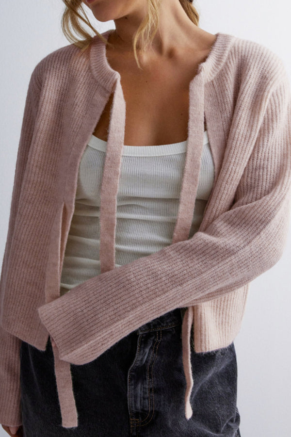 Solid Color Loose Long Sleeve Lace-up Knitted Cardigan