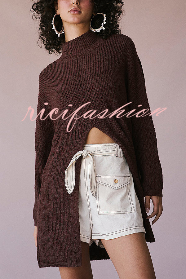 Solid Color Long Sleeve Slit Knitted Sweater