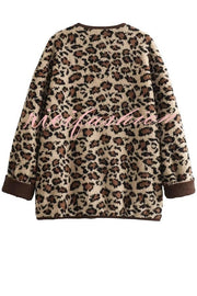 Warm Feel Colorblock Leopard Print Plush Button Up Pocketed Teddy Jacket